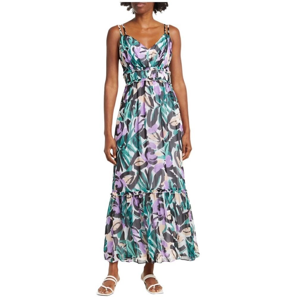 Donna Morgan Womens Green Purple Floral Sleeveless Strappy Maxi Dress Sz 16 New